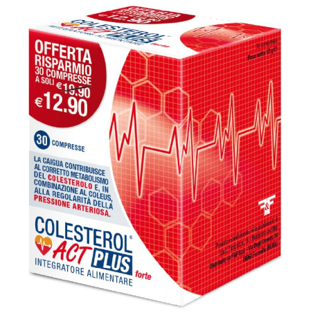 Confezione da 30 compresse di Colesterol Act Plus Forte, integratore per abbassare il colesterolo.