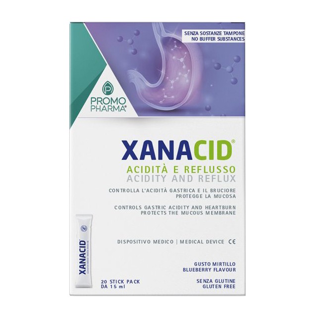 Confezione da 20 bustine liquide di Xanacid rimedio per acidità di stomaco e reflusso.