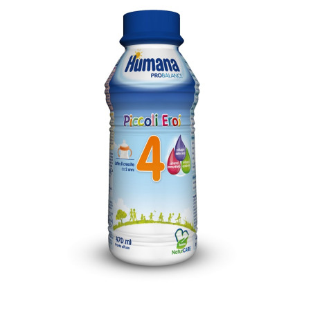 Bottiglia da 470 ml di Humana 4 Probalance, latte di crescita per lo sviluppo fisico e cerebrale.