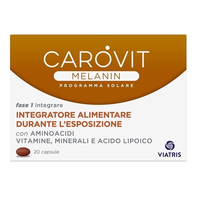 Confezione da 20 capsule di Carovit Melanin, integratore per proteggere la pelle durante l'esposizione solare.