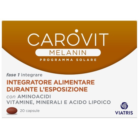 Confezione da 20 capsule di Carovit Melanin, integratore per proteggere la pelle durante l'esposizione solare.