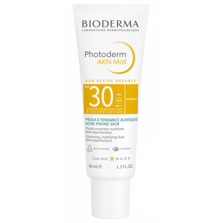 Tubetto da 40 ml di Bioderma Photoderm AKN Mat Crema Solare SPF 30 Anti-Imperfezioni.