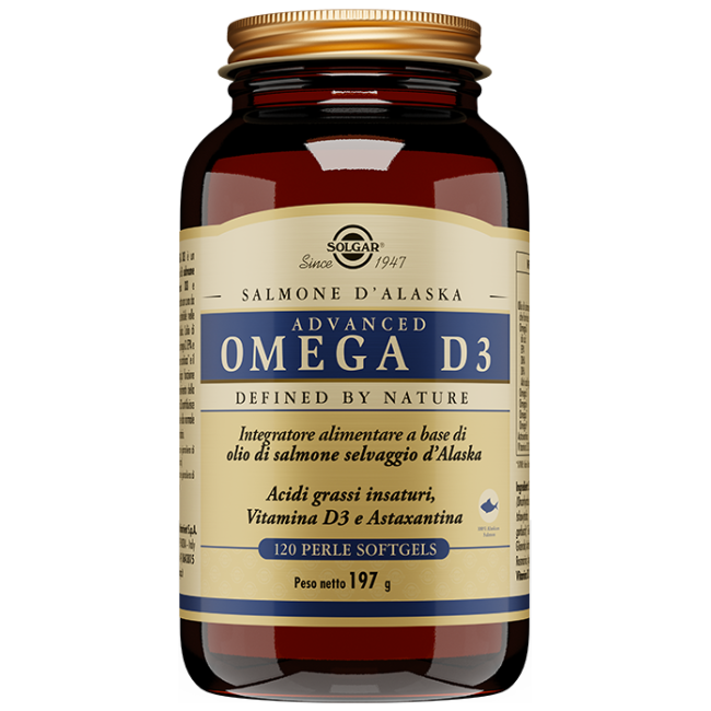 Barattolo da 120 perle di Solgar Advanced Omega 3, integratore per colesterolo e trigliceridi.