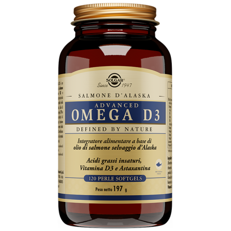 Barattolo da 120 perle di Solgar Advanced Omega 3, integratore per colesterolo e trigliceridi.