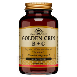 Barattolo da 100 tavolette di Solgar Golden Crin B+C, integratore per stanchezza e difese immunitarie basse.
