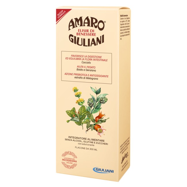 Flacone da 300 ml di Amaro Giuliani Elisir di Benessere, integratore per l'equilibrio della flora intestinale. Flacone da 300 ml di Amaro Giuliani Elisir di Benessere, integratore per l'equilibrio della flora intestinale.