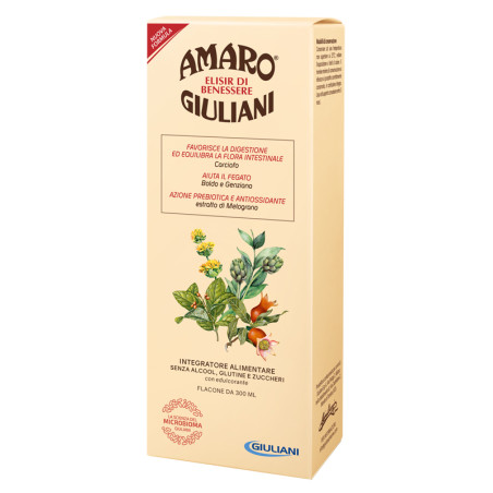 Flacone da 300 ml di Amaro Giuliani Elisir di Benessere, integratore per l'equilibrio della flora intestinale. Flacone da 300 ml di Amaro Giuliani Elisir di Benessere, integratore per l'equilibrio della flora intestinale.