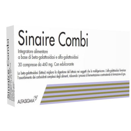 Confezione da 30 Compresse di Sinaire Combi integratore per digerire lattosio e carboidrati complessi.