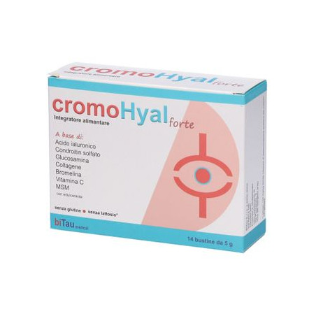 Confezione da 14 buste di Cromohyal Forte integratore per il benessere di tendini e articolazioni. Confezione da 14 buste di Cromohyal Forte integratore per il benessere di tendini e articolazioni.