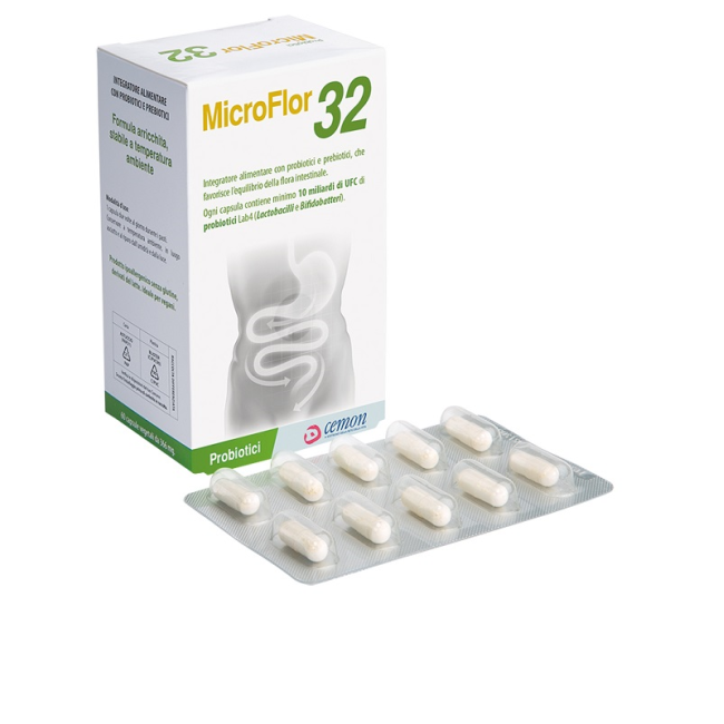 Microflor 32 Integratore Di Probiotici E Prebiotici Per L'Intestino 60 Capsule Microflor 32 Integratore Di Probiotici E Prebiotici Per L'Intestino 60 Capsule