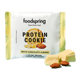 1 biscotto proteico foodspring gusto cioccolato bianco e mandorle Spuntino da 50 grammi