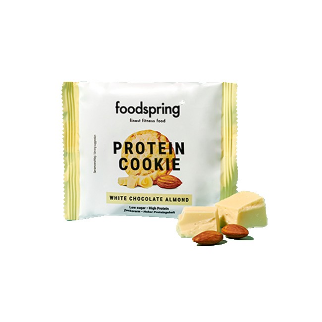 1 biscotto proteico foodspring gusto cioccolato bianco e mandorle Spuntino da 50 grammi 1 biscotto proteico foodspring gusto cioccolato bianco e mandorle Spuntino da 50 grammi