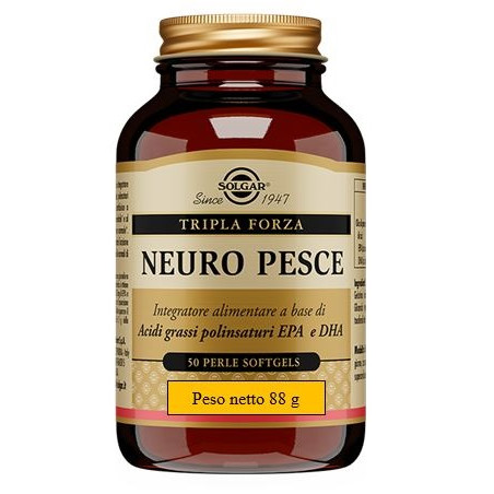 Barattolo da 50 perle di Solgar Neuro pesce, integratore di omega 3 per funzione cerebrale e cardiaca.