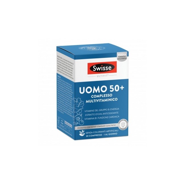 Barattolo da 30 compresse di Swisse Uomo 50+, integratore per il benessere degli uomini cinquantenni. Barattolo da 30 compresse di Swisse Uomo 50+, integratore per il benessere degli uomini cinquantenni.