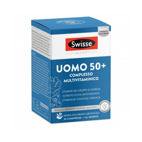 Barattolo da 30 compresse di Swisse Uomo 50+, integratore per il benessere degli uomini cinquantenni.