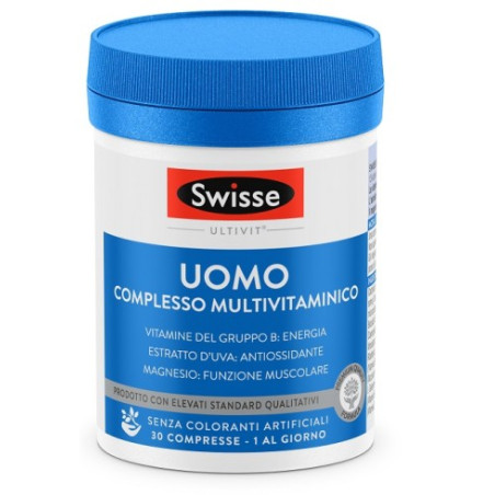 Barattolo da 30 compresse di Swisse Uomo, integratore per il benessere degli uomini di tutte le età.