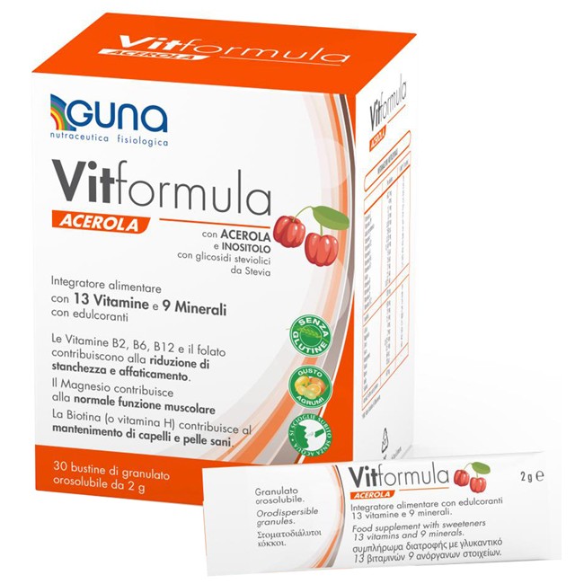 Confezione da 30 bustine di Guna Vitformula Acerola integratore antiossidante e ricostituente. Confezione da 30 bustine di Guna Vitformula Acerola integratore antiossidante e ricostituente.