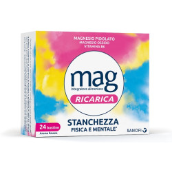 Confezione da 24 bustine di Mag Ricarica 24 Ore, integratore contro stanchezza fisica e mentale.