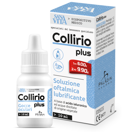 Flaconcino da 10 ml di Sanavita Collirio Plus, gocce oculari lenitive per occhi rossi e secchi.