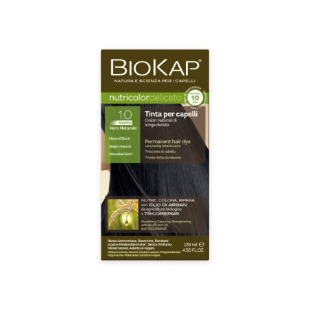 Tubetto da 135 ml di Biokap Nutricolor Delicato Rapid 1.0, colorazione nero naturale.