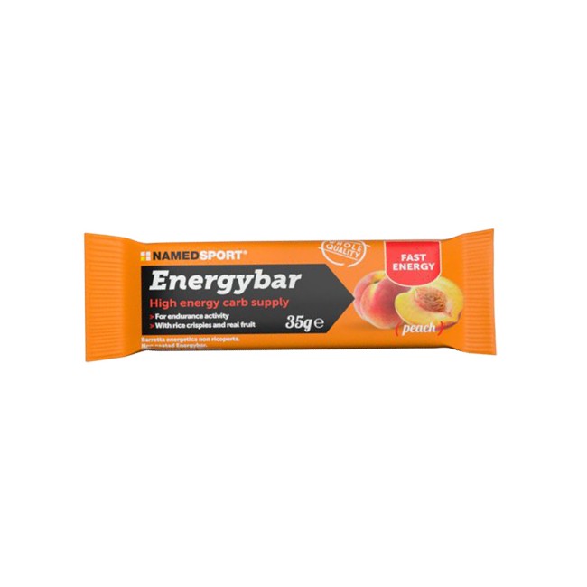 Barretta da 35 g di Named Sport Energybar, barretta a base di carboidrati per sportivi. Barretta da 35 g di Named Sport Energybar, barretta a base di carboidrati per sportivi.