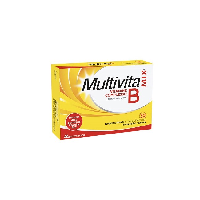 Confezione da 30 compresse di Multivitamix Vitamine Complesso B, integratore per energia e difese immunitarie. Confezione da 30 compresse di Multivitamix Vitamine Complesso B, integratore per energia e difese immunitarie.