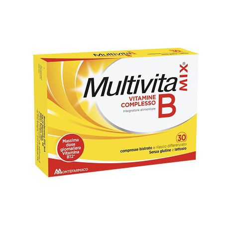 Confezione da 30 compresse di Multivitamix Vitamine Complesso B, integratore per energia e difese immunitarie.