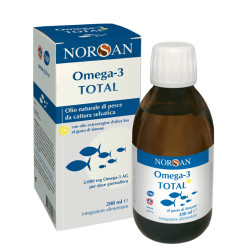Flacone da 200 ml di Norsan Omega 3 Total Integratore Di Acidi Grassi EPA e DHA Gusto Limone.