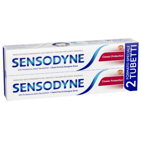 Confezione contenente 2 tubi da 75 ml di Sensodyne Classic Protection, dentifircio per sensibilità dentale. Confezione contenente 2 tubi da 75 ml di Sensodyne Classic Protection, dentifircio per sensibilità dentale.