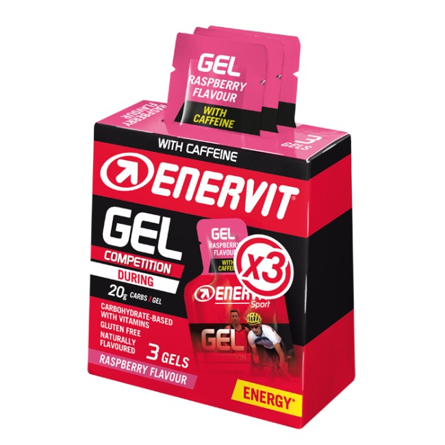 Confezione contenente 3 bustine da 25 ml di Enervit Sport Gel Competition Lampone con carboidrati e caffeina. Confezione contenente 3 bustine da 25 ml di Enervit Sport Gel Competition Lampone con carboidrati e caffeina.