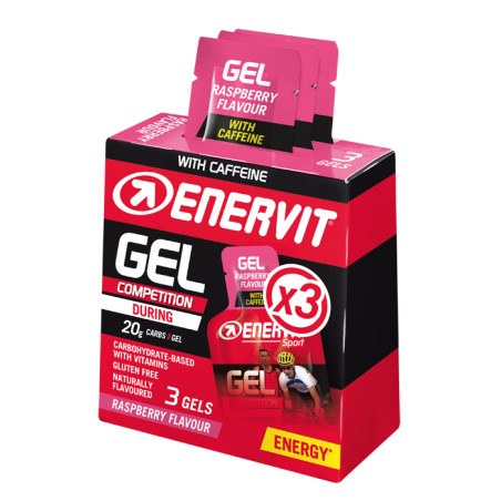 Confezione contenente 3 bustine da 25 ml di Enervit Sport Gel Competition Lampone con carboidrati e caffeina. Confezione contenente 3 bustine da 25 ml di Enervit Sport Gel Competition Lampone con carboidrati e caffeina.