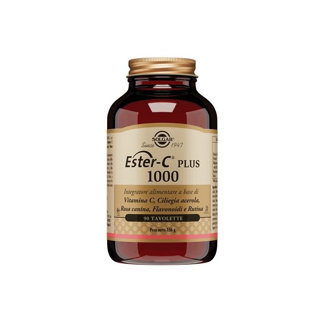 Barattolo da 90 tavolette di Solgar Ester C 1000 Plus, integratore per energia e sistema immunitario.