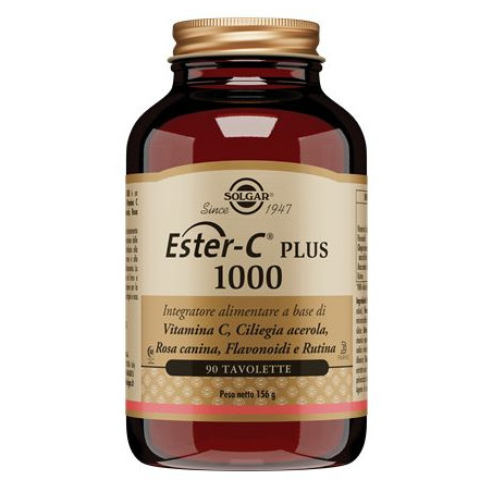 Barattolo da 90 tavolette di Solgar Ester C 1000 Plus, integratore per energia e sistema immunitario.