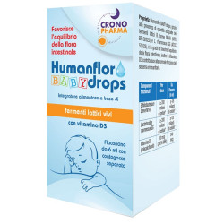 Flacone da 6 ml di Humanflor Baby Drops, integratore per l'intestino e il sistema immunitario dei bambini.