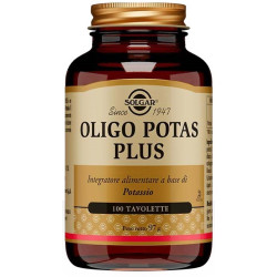 Barattolo da 100 tavolette di Solgar Oligo Potas Plus, integratore per la funzione muscolare e nervosa.