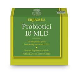 Confezione da 10 bustine di Erbamea Probiotici 10 Miliardi, integratore per l'equilibrio del microbiota intestinale.