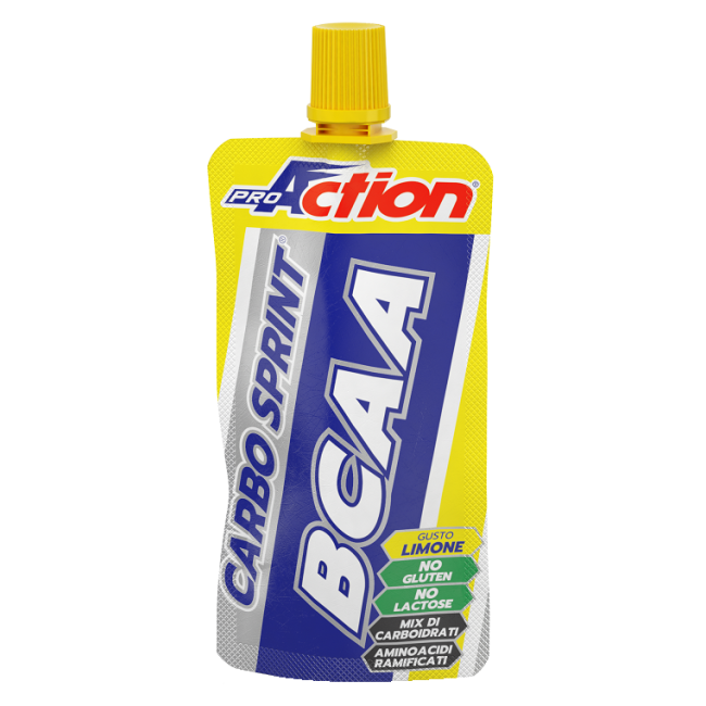 Doypack da 50 ml di ProAction Carbo Sprint Limone, integratore di carboidrati e aminoacidi per sportivi. Doypack da 50 ml di ProAction Carbo Sprint Limone, integratore di carboidrati e aminoacidi per sportivi.
