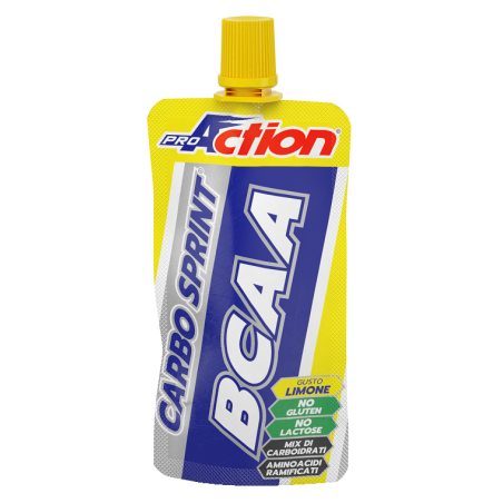 Doypack da 50 ml di ProAction Carbo Sprint Limone, integratore di carboidrati e aminoacidi per sportivi. Doypack da 50 ml di ProAction Carbo Sprint Limone, integratore di carboidrati e aminoacidi per sportivi.