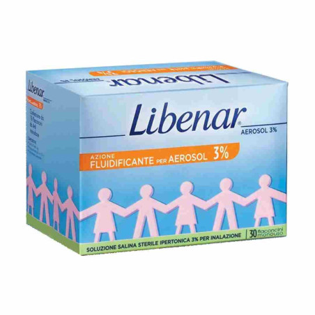 Confezione contenente 30 fiale di Libenar Aerosol 3%, soluzione ipertonica per liberare le vie aeree. Confezione contenente 30 fiale di Libenar Aerosol 3%, soluzione ipertonica per liberare le vie aeree.
