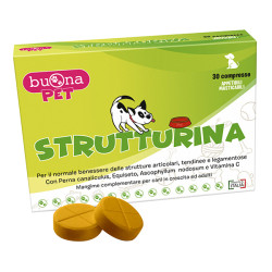 Confezione da 30 compresse di Buona Pet Strutturina, integratore veterinario per le articolazioni di cani e gatti.