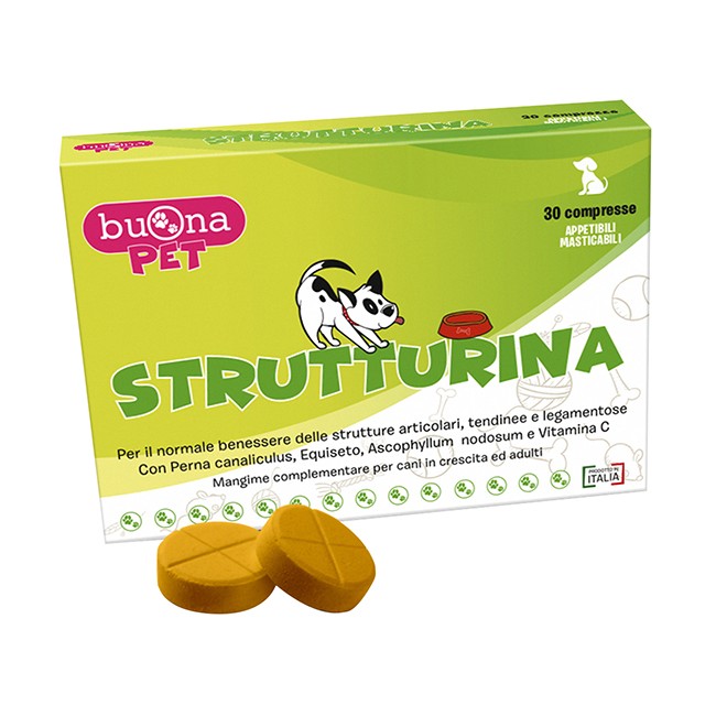 Confezione da 30 compresse di Buona Pet Strutturina, integratore veterinario per le articolazioni di cani e gatti.