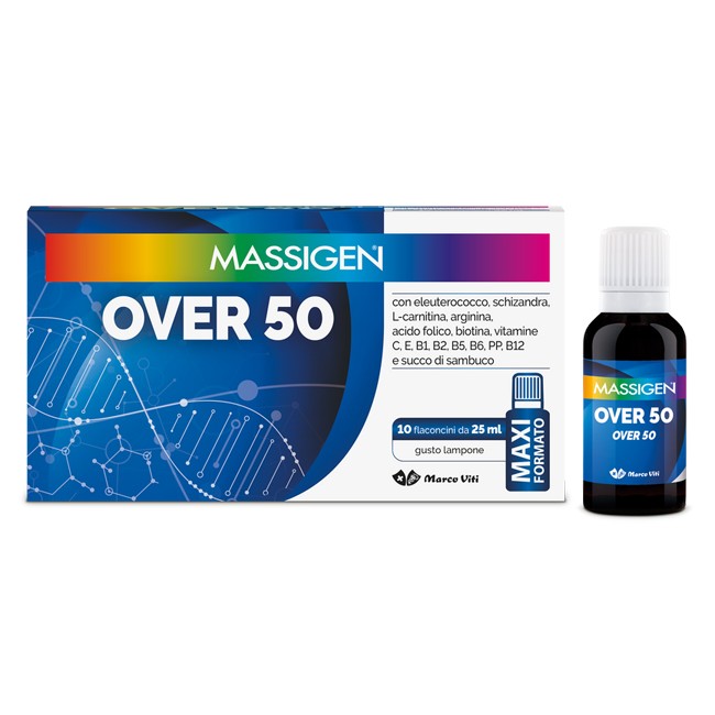 Confezione da 10 flaconcini di Massigen Over 50, integratore per energia e difese immunitarie. Confezione da 10 flaconcini di Massigen Over 50, integratore per energia e difese immunitarie.