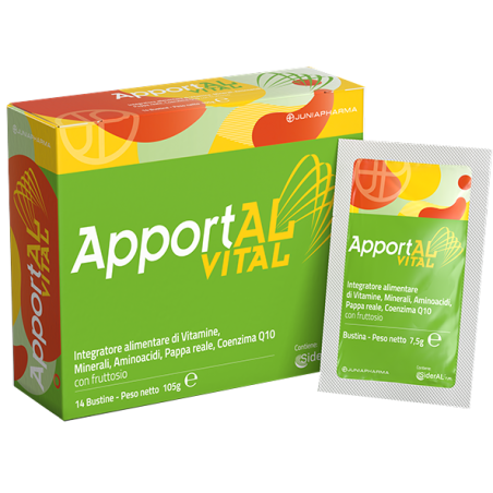 Confezione da 14 bustine di Pharmanutra ApportAL Vital, integratore contro la stanchezza.