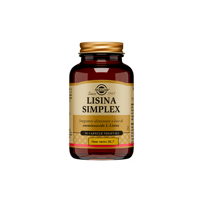 Barattolo da 50 capsule di Solgar Lisina Simplex, integratore per la salute delle ossa.