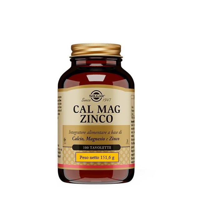 Barattolo da 100 tavolette di Solgar Cal Mag Zinco, integratore per ossa e sistema immunitario. Barattolo da 100 tavolette di Solgar Cal Mag Zinco, integratore per ossa e sistema immunitario.