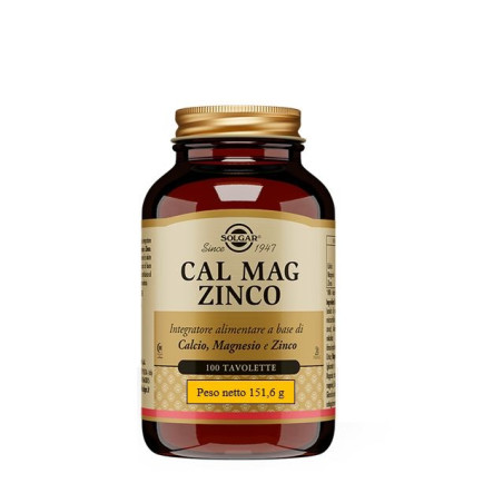 Barattolo da 100 tavolette di Solgar Cal Mag Zinco, integratore per ossa e sistema immunitario.