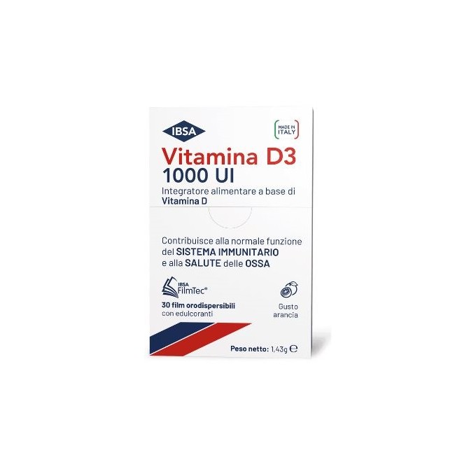 Confezione da 30 film di Ibsa Vitamina D3 1000UI integratore per la salute di denti e ossa.