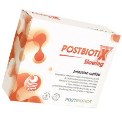 Confezione da 14 bustine di Postbiotix Slowing, integratore per contrastare la diarrea.