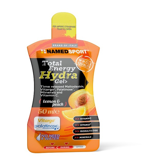 Busta da 50 ml di Named Sport Total Energy Hydra Gel Lemon & Peach per ridurre l'affaticamento durante lo sport. Busta da 50 ml di Named Sport Total Energy Hydra Gel Lemon & Peach per ridurre l'affaticamento durante lo sport.