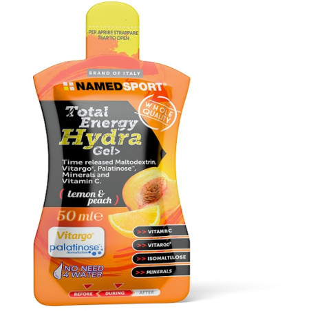 Busta da 50 ml di Named Sport Total Energy Hydra Gel Lemon & Peach per ridurre l'affaticamento durante lo sport. Busta da 50 ml di Named Sport Total Energy Hydra Gel Lemon & Peach per ridurre l'affaticamento durante lo sport.